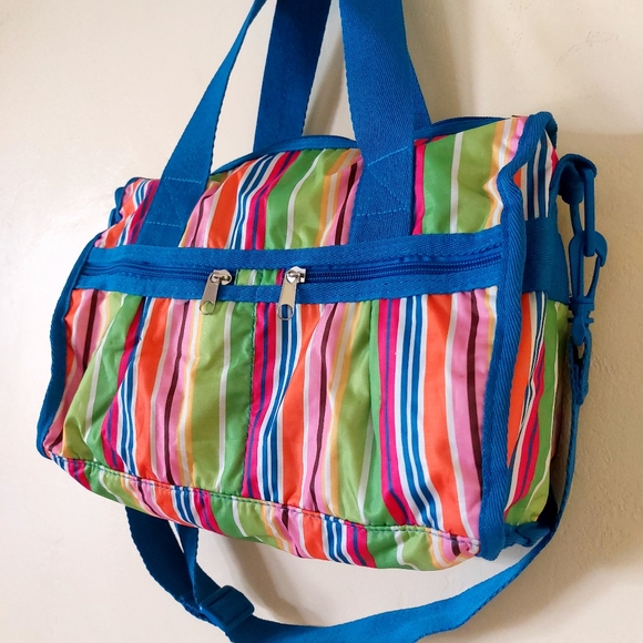 Colorful Multi Striped Lightweight Soft Nylon Medium Size Shoulder Handbag Purse - Picture 3 of 9